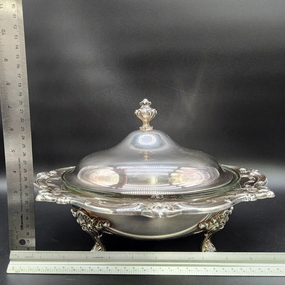 VTG Gorham Silver Plated Glass Insert Lidded Casserole‎ Dish Footed Ornate